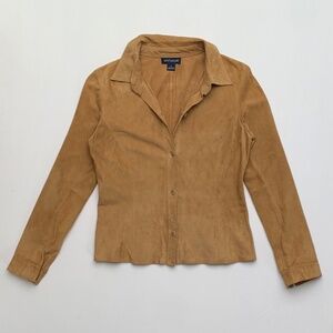 90s Y2K Early 2000s Ann Taylor Camel Suede 100% Leather Button Up Top 4 S M